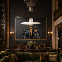 White Brim Smokes at Midnight - Pipe Smoking Stripe Figure painting by Adrian Lee, mid-century modern horizontal wall art – styled room scene view 3