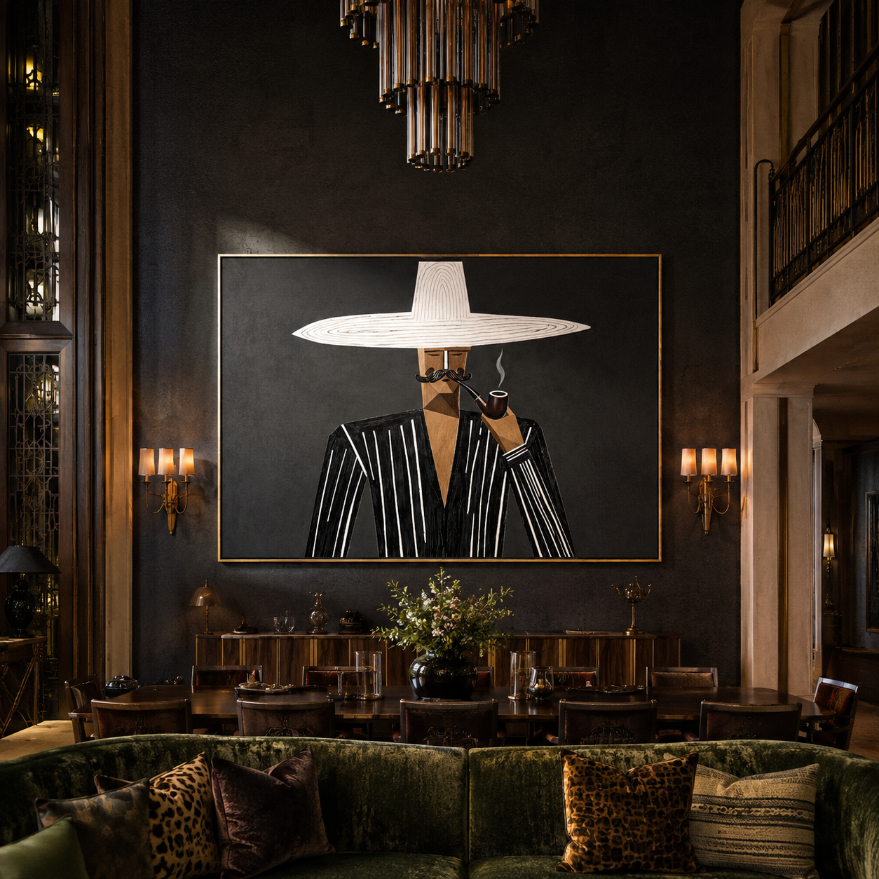 White Brim Smokes at Midnight - Pipe Smoking Stripe Figure painting by Adrian Lee, mid-century modern horizontal wall art – styled room scene view 3