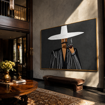 White Brim Smokes at Midnight - Pipe Smoking Stripe Figure painting by Adrian Lee, mid-century modern horizontal wall art – styled room scene view 4