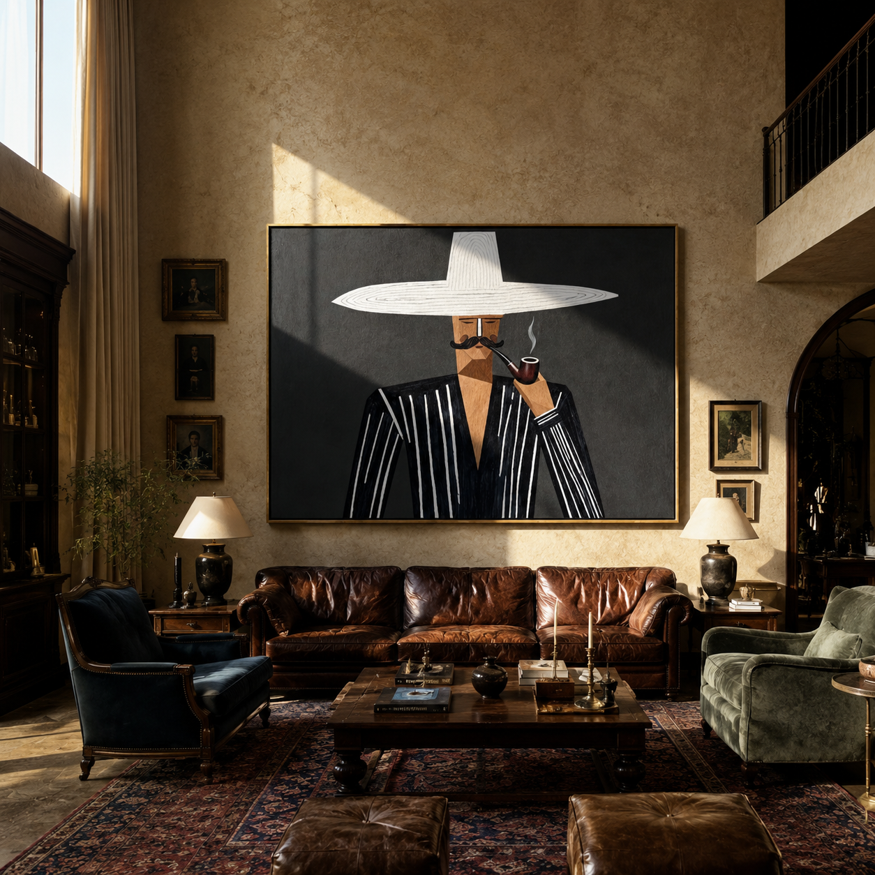 White Brim Smokes at Midnight - Pipe Smoking Stripe Figure painting by Adrian Lee, mid-century modern horizontal wall art – styled room scene view 5