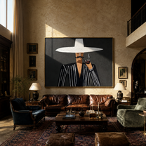 White Brim Smokes at Midnight - Pipe Smoking Stripe Figure painting by Adrian Lee, mid-century modern horizontal wall art – styled room scene view 5