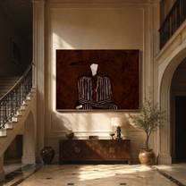 Brown Stripes Fold in Shadow - Folded Arm Stripe Figure painting by Adrian Lee, mid-century modern horizontal wall art – styled room scene view 1