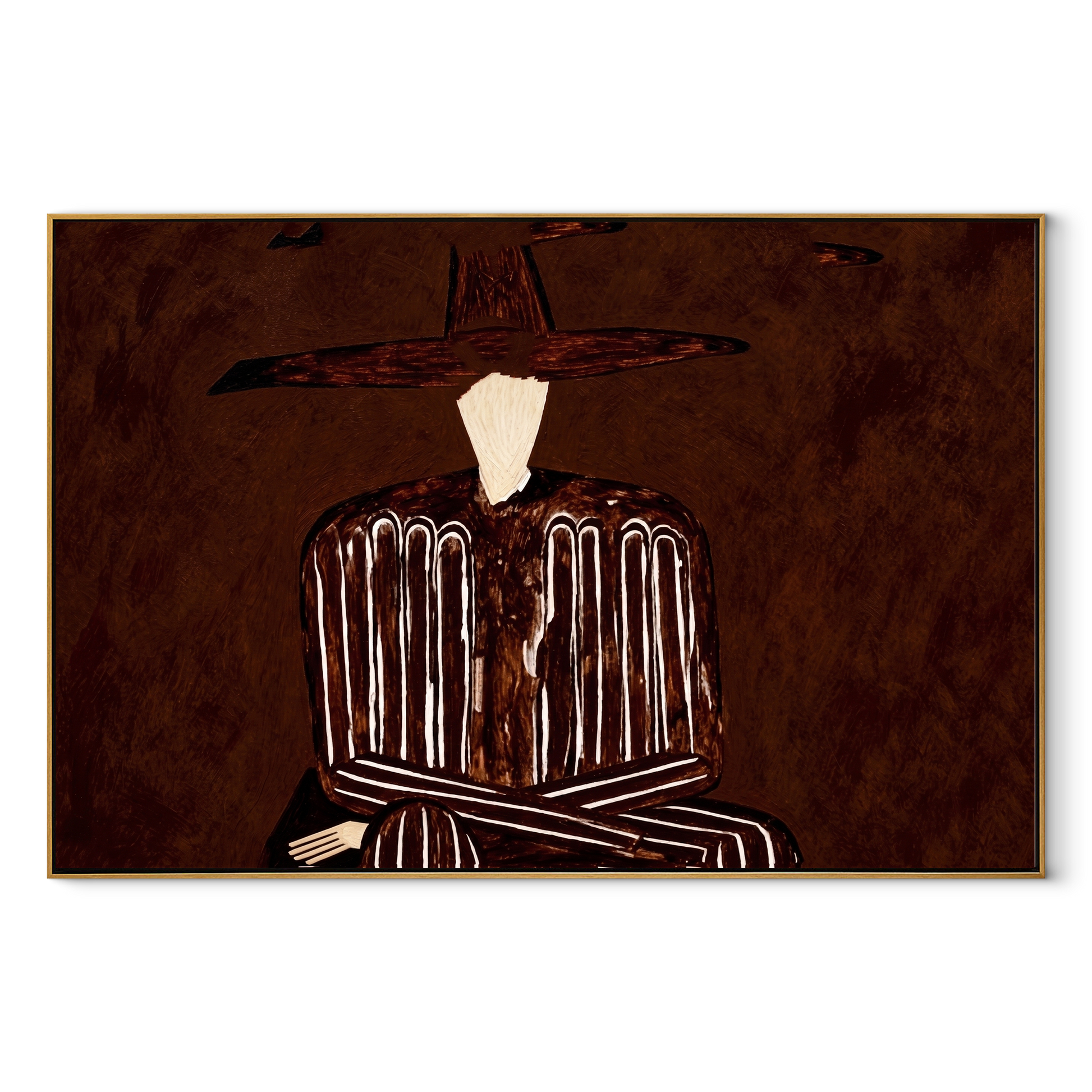 Brown Stripes Fold in Shadow - Folded Arm Stripe Figure painting by Adrian Lee, mid-century modern horizontal wall art – wood frame on white background