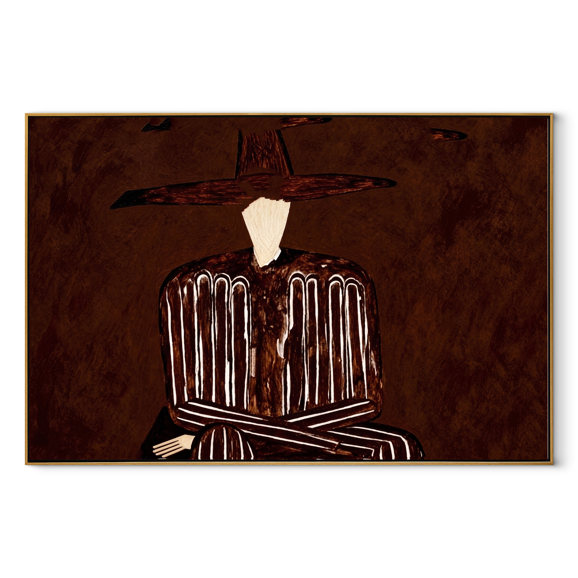 Brown Stripes Fold in Shadow - Folded Arm Stripe Figure painting by Adrian Lee, mid-century modern horizontal wall art – wood frame on white background