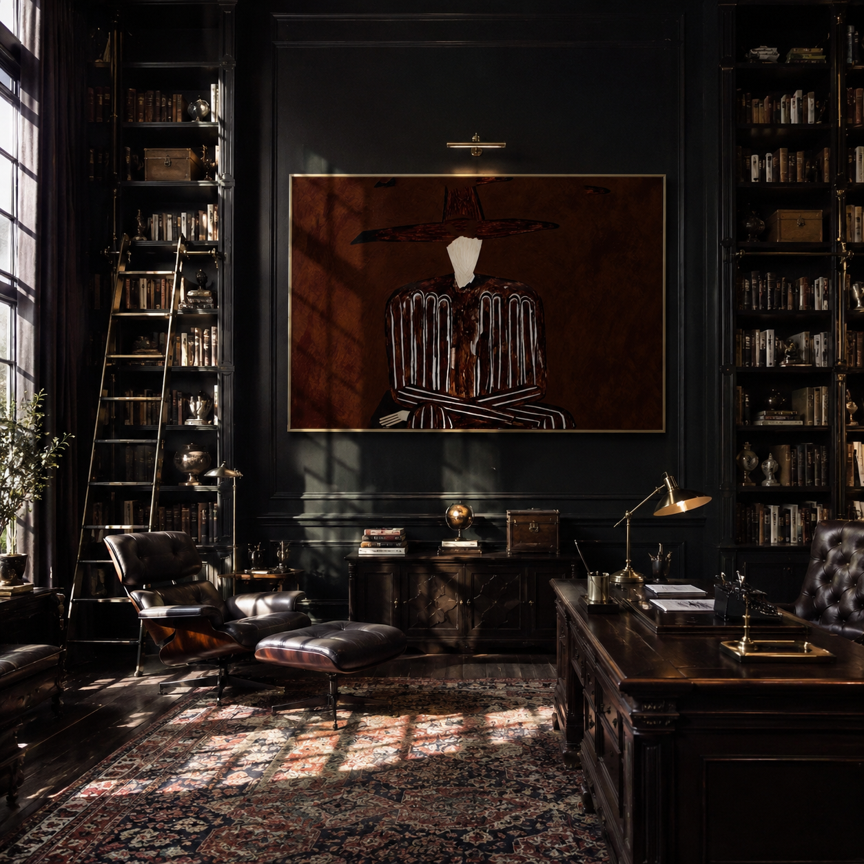 Brown Stripes Fold in Shadow - Folded Arm Stripe Figure painting by Adrian Lee, mid-century modern horizontal wall art – styled room scene view 2