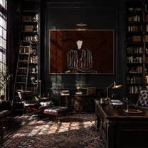 Brown Stripes Fold in Shadow - Folded Arm Stripe Figure painting by Adrian Lee, mid-century modern horizontal wall art – styled room scene view 2