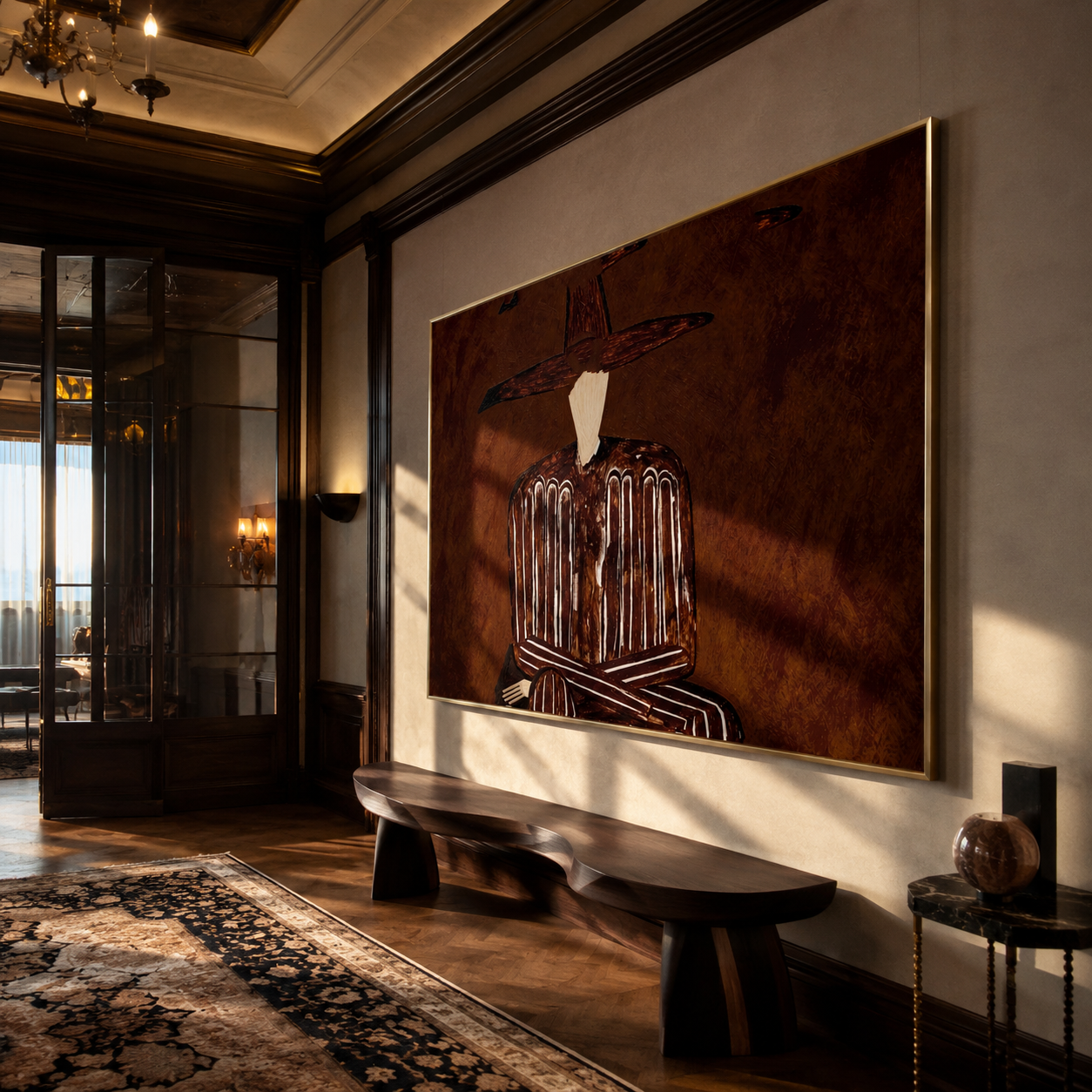 Brown Stripes Fold in Shadow - Folded Arm Stripe Figure painting by Adrian Lee, mid-century modern horizontal wall art – styled room scene view 4