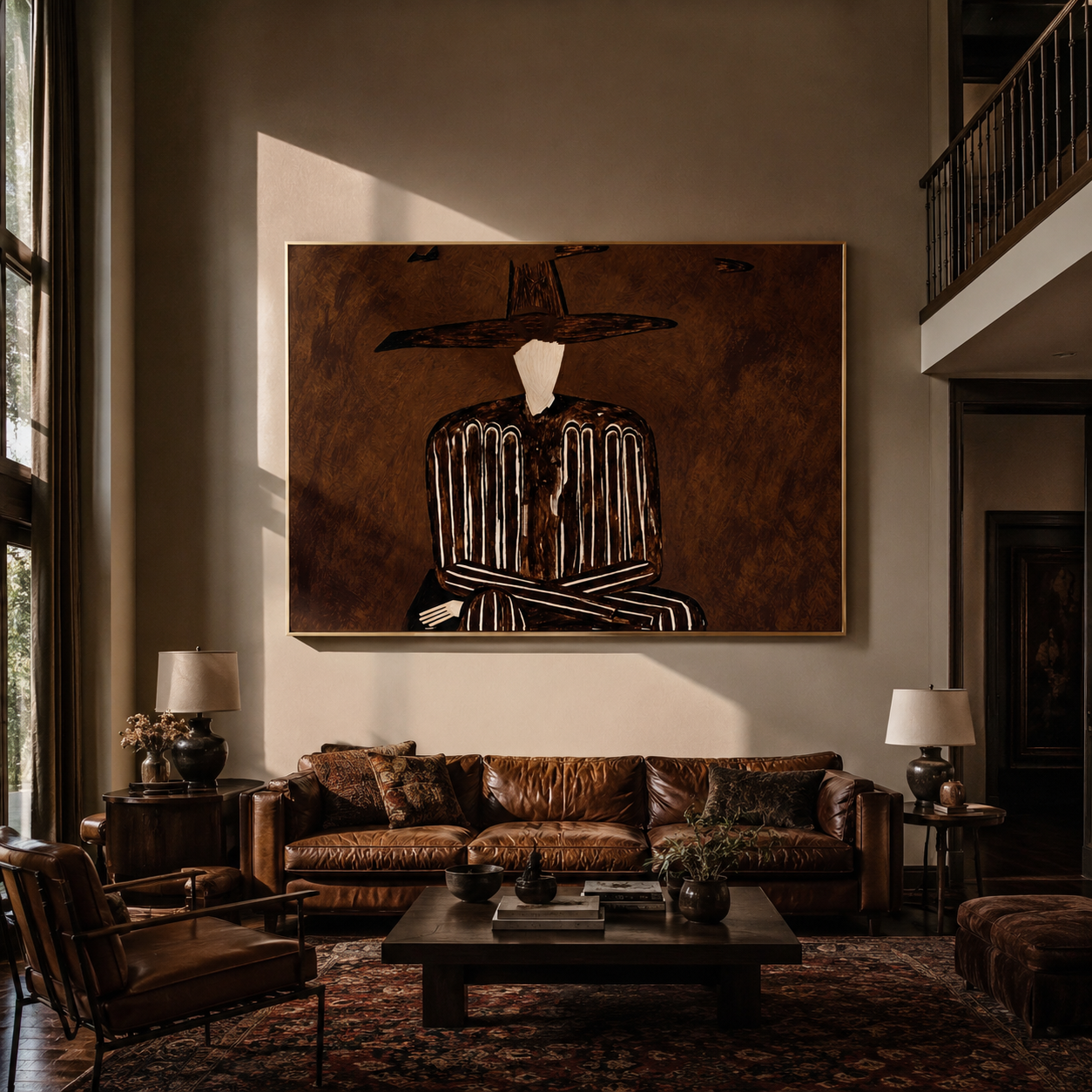 Brown Stripes Fold in Shadow - Folded Arm Stripe Figure painting by Adrian Lee, mid-century modern horizontal wall art – styled room scene view 5