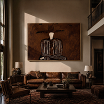 Brown Stripes Fold in Shadow - Folded Arm Stripe Figure painting by Adrian Lee, mid-century modern horizontal wall art – styled room scene view 5