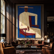 Ivory Angles Sit in Cobalt - Seated Ivory Suit Figure painting by Adrian Lee, mid-century modern vertical wall art – styled room scene view 1