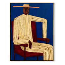 Ivory Angles Sit in Cobalt - Seated Ivory Suit Figure painting by Adrian Lee, mid-century modern vertical wall art – wood frame on white background