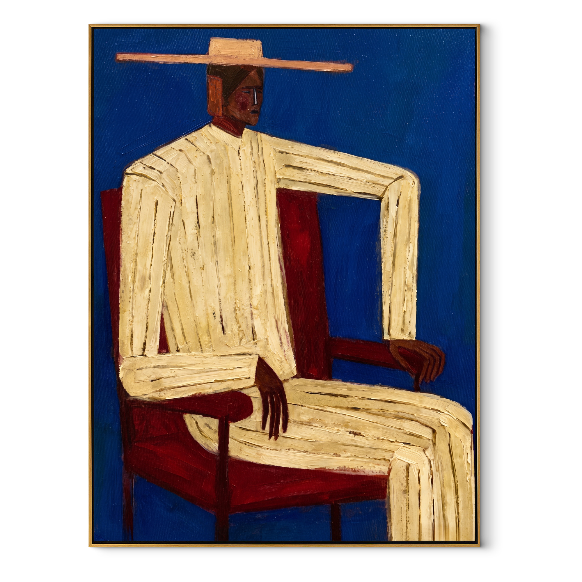 Ivory Angles Sit in Cobalt - Seated Ivory Suit Figure painting by Adrian Lee, mid-century modern vertical wall art – wood frame on white background