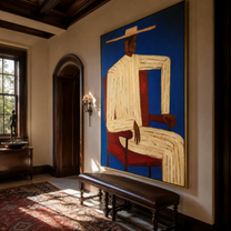 Ivory Angles Sit in Cobalt - Seated Ivory Suit Figure painting by Adrian Lee, mid-century modern vertical wall art – styled room scene view 2