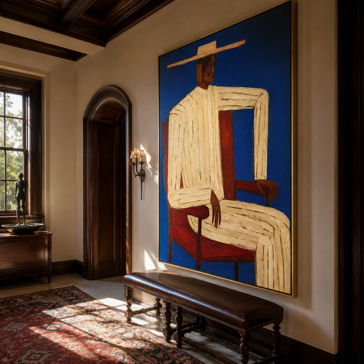 Ivory Angles Sit in Cobalt - Seated Ivory Suit Figure painting by Adrian Lee, mid-century modern vertical wall art – styled room scene view 2