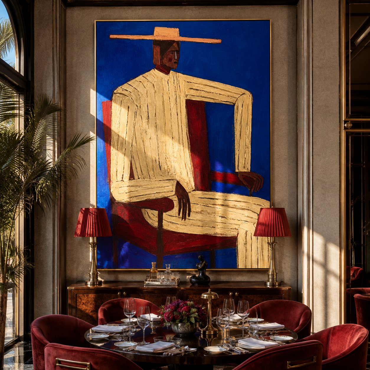 Ivory Angles Sit in Cobalt - Seated Ivory Suit Figure painting by Adrian Lee, mid-century modern vertical wall art – styled room scene view 3