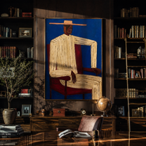 Ivory Angles Sit in Cobalt - Seated Ivory Suit Figure painting by Adrian Lee, mid-century modern vertical wall art – styled room scene view 4
