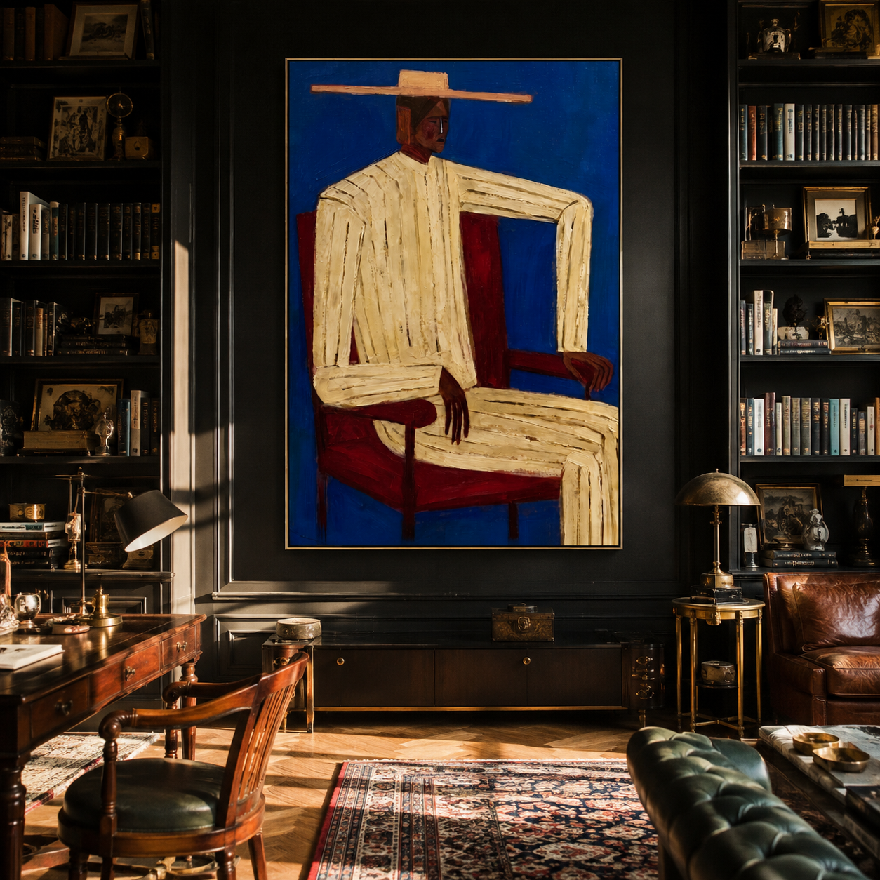 Ivory Angles Sit in Cobalt - Seated Ivory Suit Figure painting by Adrian Lee, mid-century modern vertical wall art – styled room scene view 5
