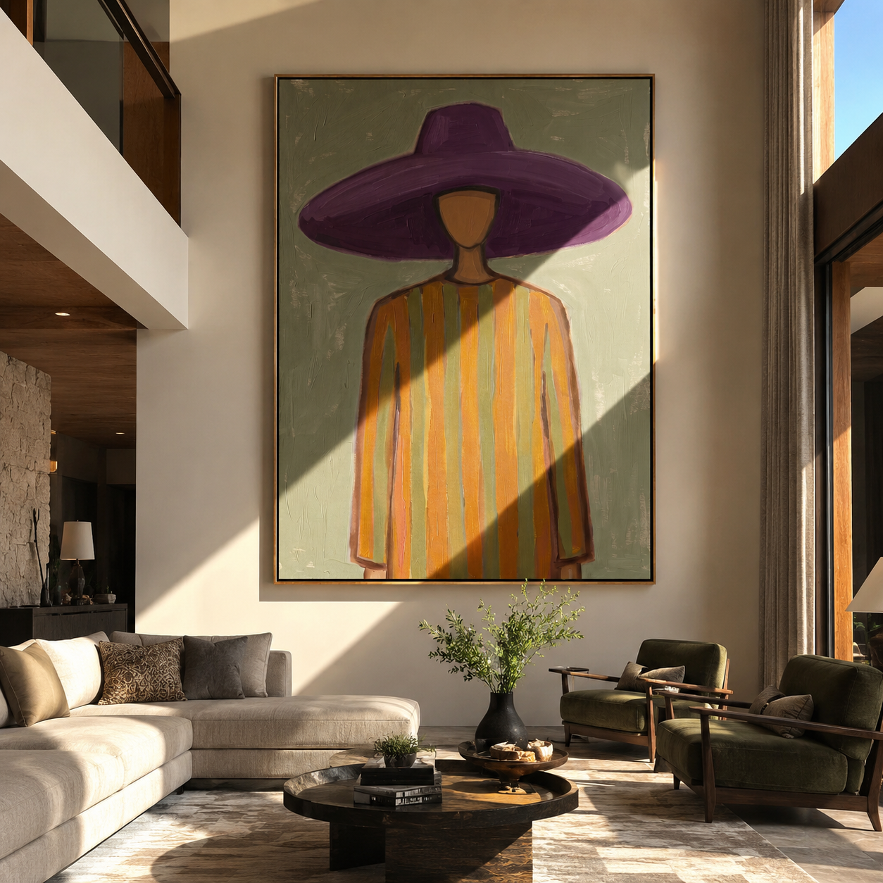 Violet Brim Floats over Sage - Purple Hat Stripe Portrait painting by Adrian Lee, mid-century modern vertical wall art – styled room scene view 1