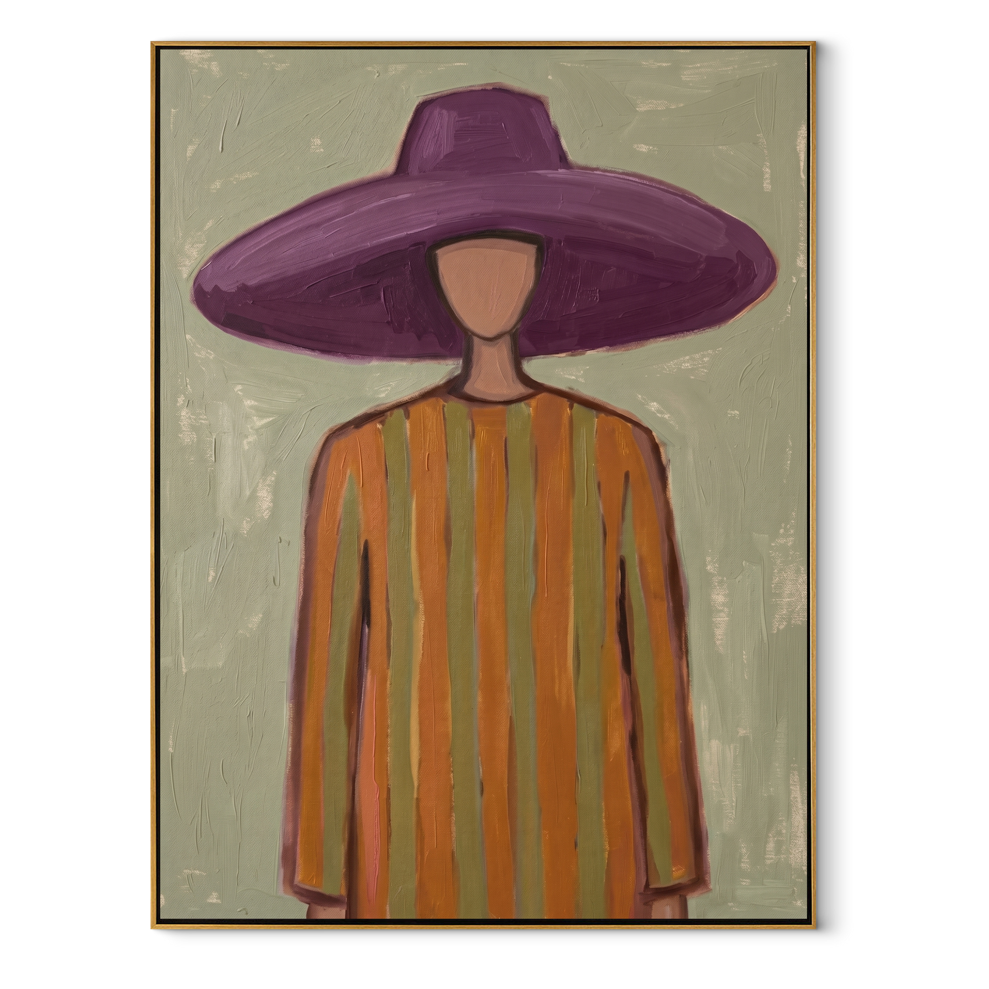 Violet Brim Floats over Sage - Purple Hat Stripe Portrait painting by Adrian Lee, mid-century modern vertical wall art – wood frame on white background