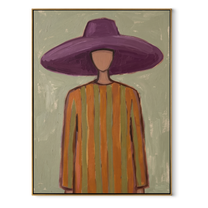 Violet Brim Floats over Sage - Purple Hat Stripe Portrait painting by Adrian Lee, mid-century modern vertical wall art – wood frame on white background