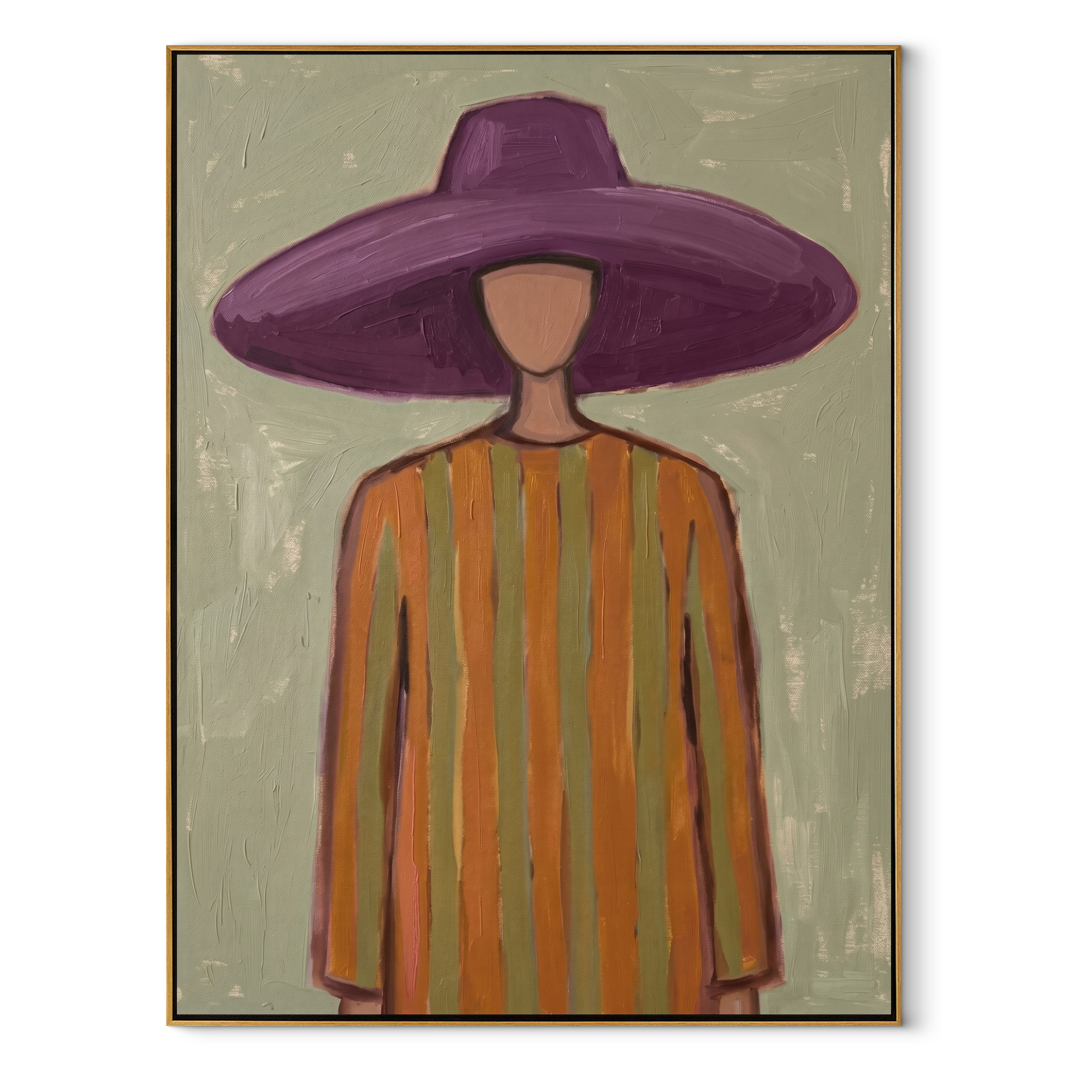 Violet Brim Floats over Sage - Purple Hat Stripe Portrait painting by Adrian Lee, mid-century modern vertical wall art – wood frame on white background