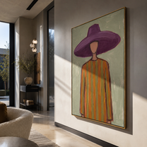 Violet Brim Floats over Sage - Purple Hat Stripe Portrait painting by Adrian Lee, mid-century modern vertical wall art – styled room scene view 2