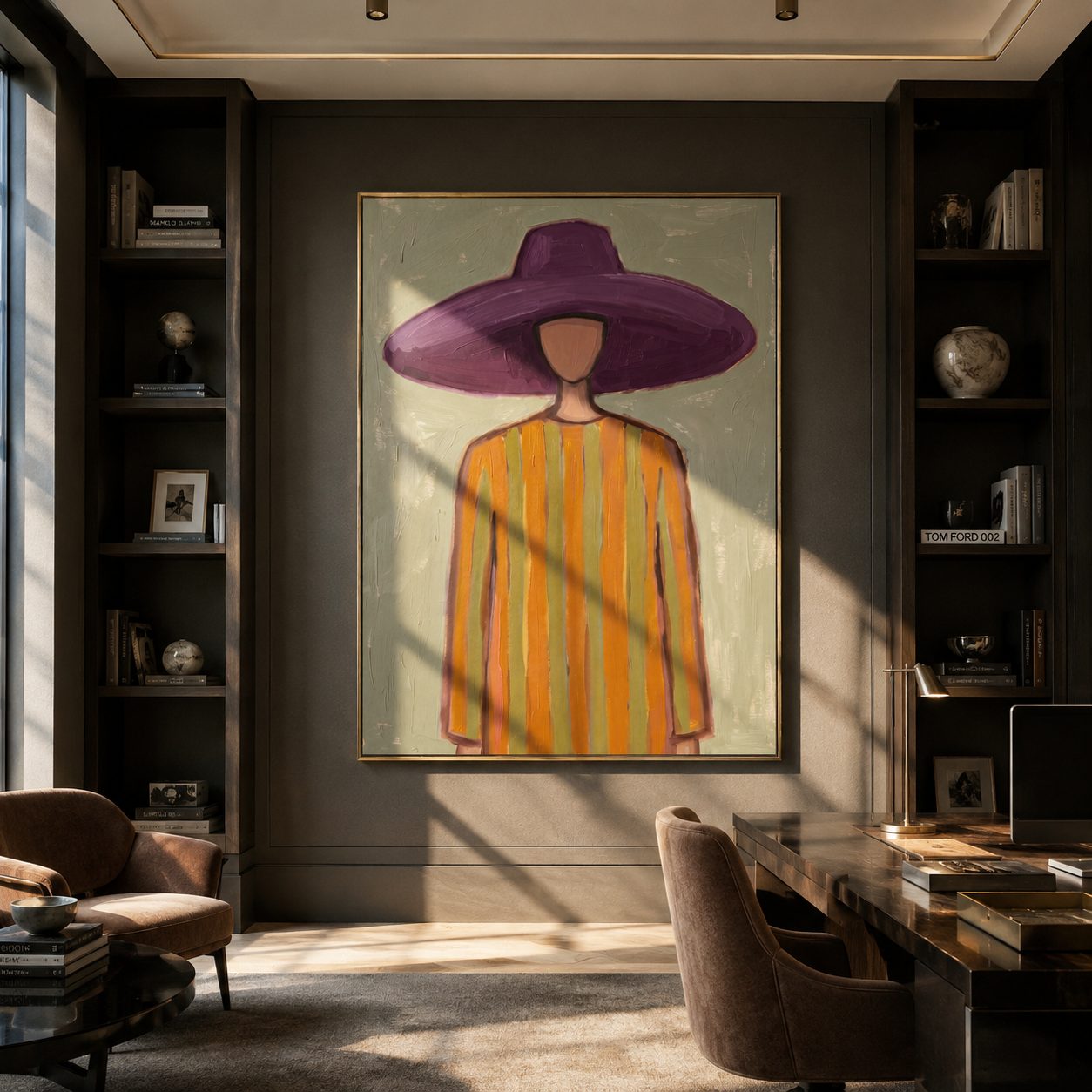 Violet Brim Floats over Sage - Purple Hat Stripe Portrait painting by Adrian Lee, mid-century modern vertical wall art – styled room scene view 3