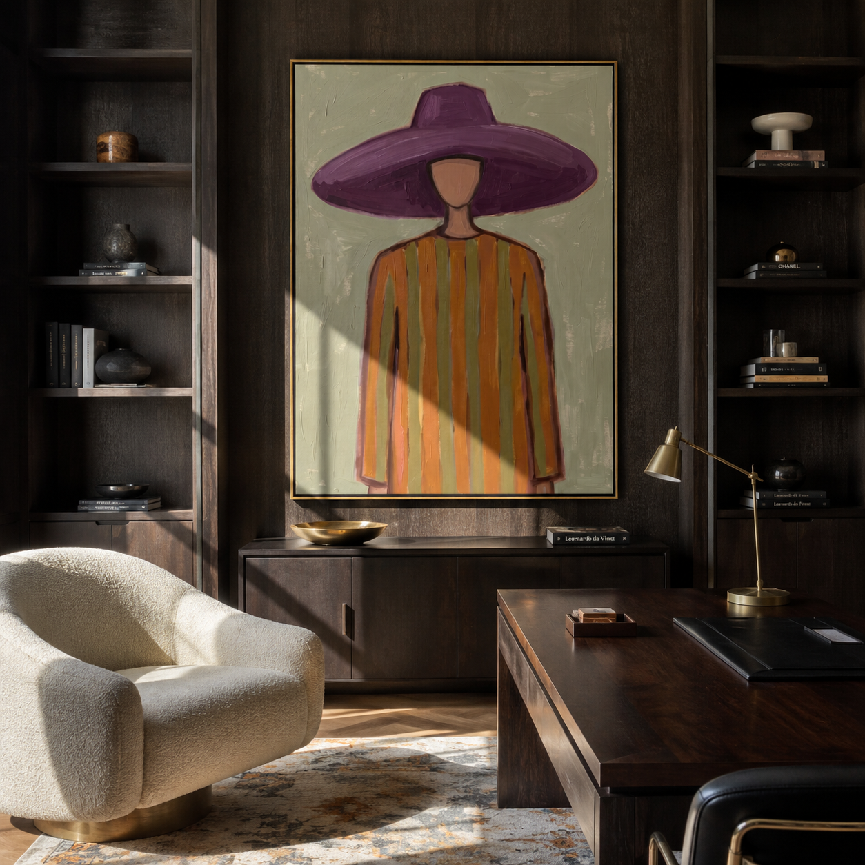 Violet Brim Floats over Sage - Purple Hat Stripe Portrait painting by Adrian Lee, mid-century modern vertical wall art – styled room scene view 4