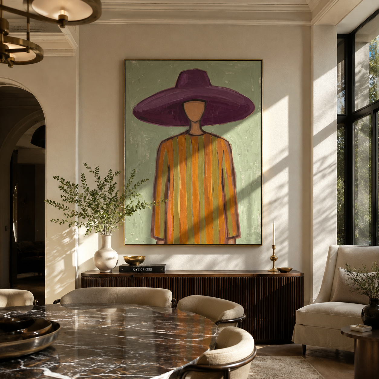 Violet Brim Floats over Sage - Purple Hat Stripe Portrait painting by Adrian Lee, mid-century modern vertical wall art – styled room scene view 5