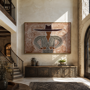Gray Lines Meet the Wide Brim - Gray Stripe Hat Figure painting by Adrian Lee, mid-century modern horizontal wall art – styled room scene view 1