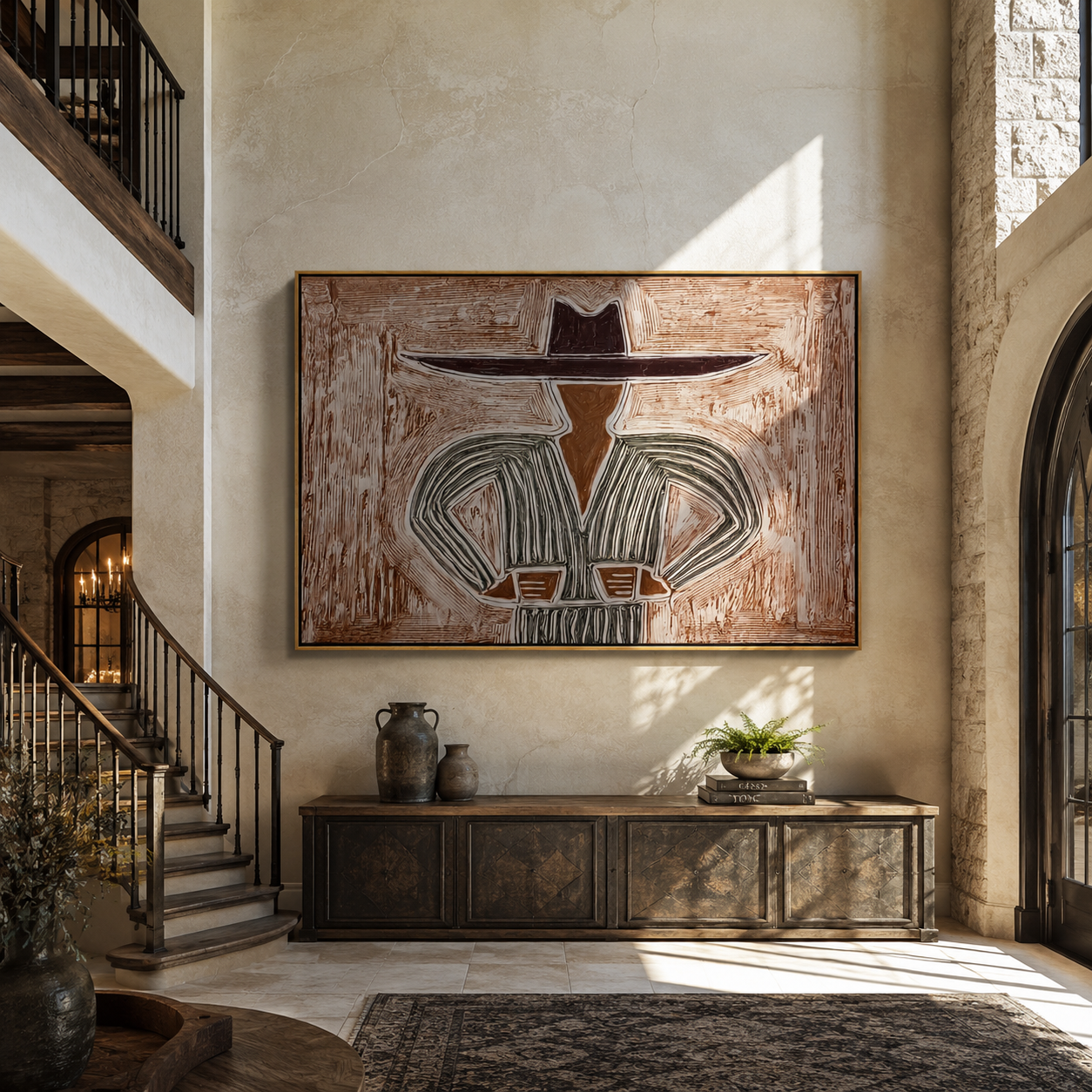 Gray Lines Meet the Wide Brim - Gray Stripe Hat Figure painting by Adrian Lee, mid-century modern horizontal wall art – styled room scene view 1