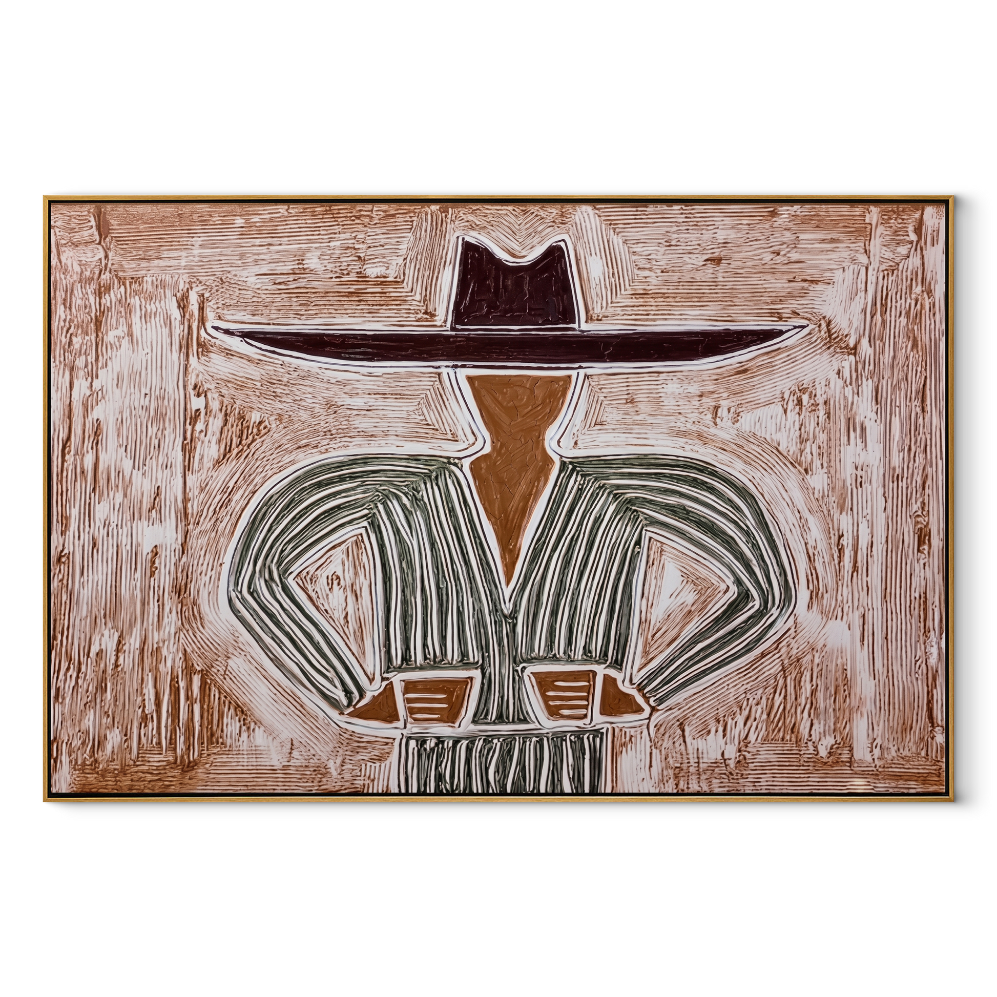 Gray Lines Meet the Wide Brim - Gray Stripe Hat Figure painting by Adrian Lee, mid-century modern horizontal wall art – wood frame on white background