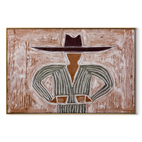 Gray Lines Meet the Wide Brim - Gray Stripe Hat Figure painting by Adrian Lee, mid-century modern horizontal wall art – wood frame on white background