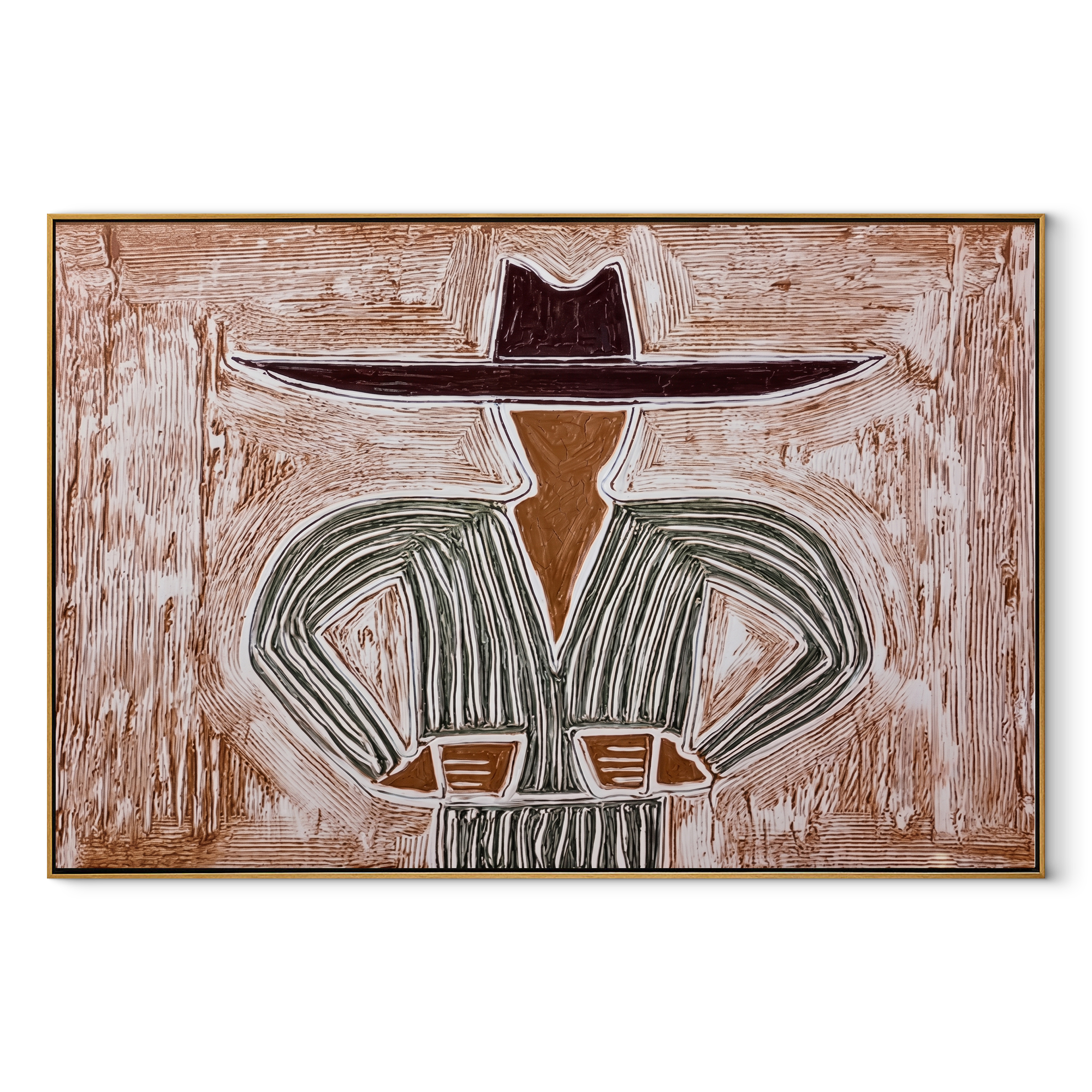 Gray Lines Meet the Wide Brim - Gray Stripe Hat Figure painting by Adrian Lee, mid-century modern horizontal wall art – wood frame on white background