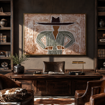 Gray Lines Meet the Wide Brim - Gray Stripe Hat Figure painting by Adrian Lee, mid-century modern horizontal wall art – styled room scene view 2