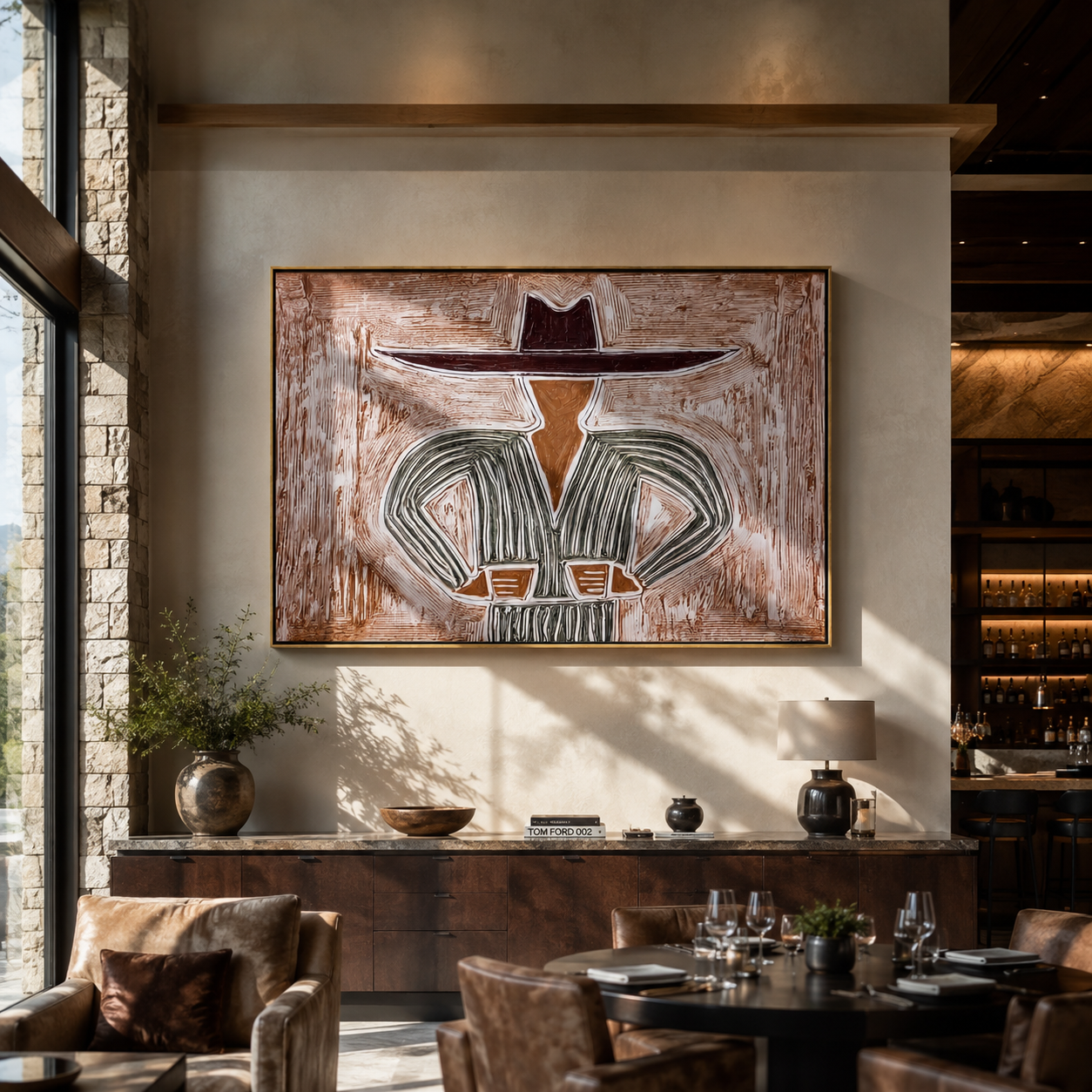Gray Lines Meet the Wide Brim - Gray Stripe Hat Figure painting by Adrian Lee, mid-century modern horizontal wall art – styled room scene view 3