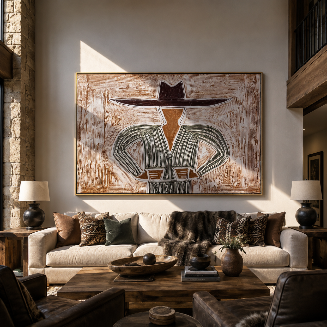 Gray Lines Meet the Wide Brim - Gray Stripe Hat Figure painting by Adrian Lee, mid-century modern horizontal wall art – styled room scene view 5