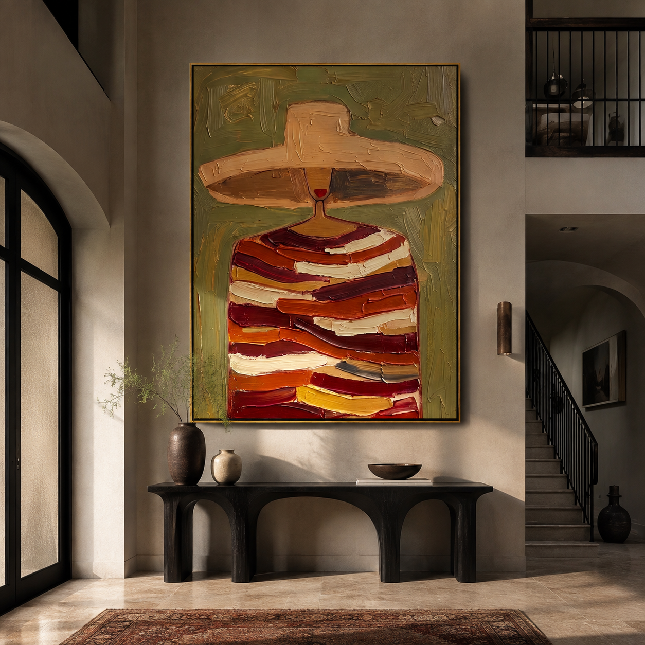 Rust Bands Carry a Glass - Striped Wine Figure painting by Adrian Lee, mid-century modern vertical wall art – styled room scene view 1
