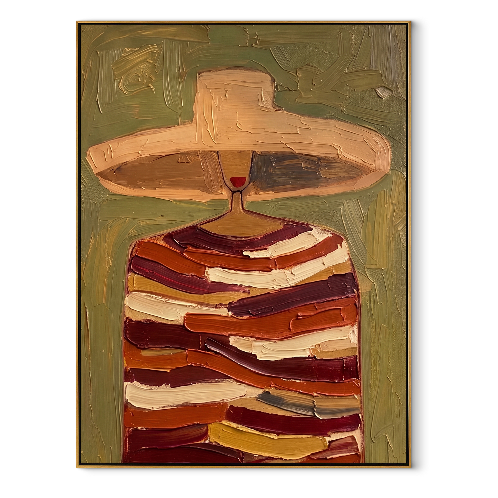 Rust Bands Carry a Glass - Striped Wine Figure painting by Adrian Lee, mid-century modern vertical wall art – wood frame on white background