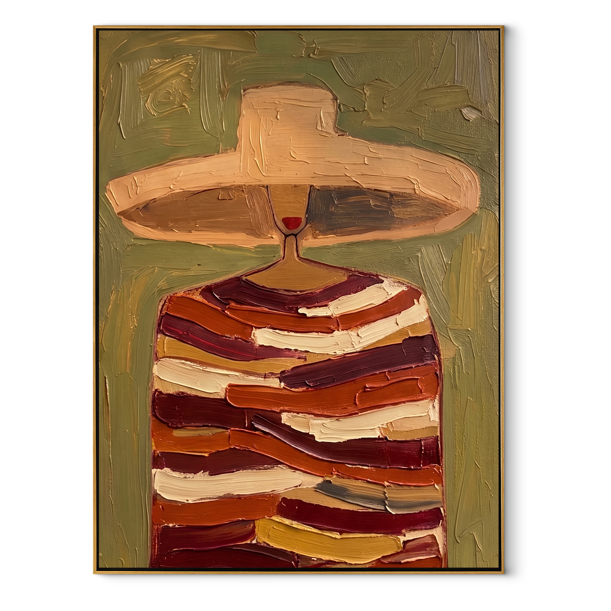 Rust Bands Carry a Glass - Striped Wine Figure painting by Adrian Lee, mid-century modern vertical wall art – wood frame on white background