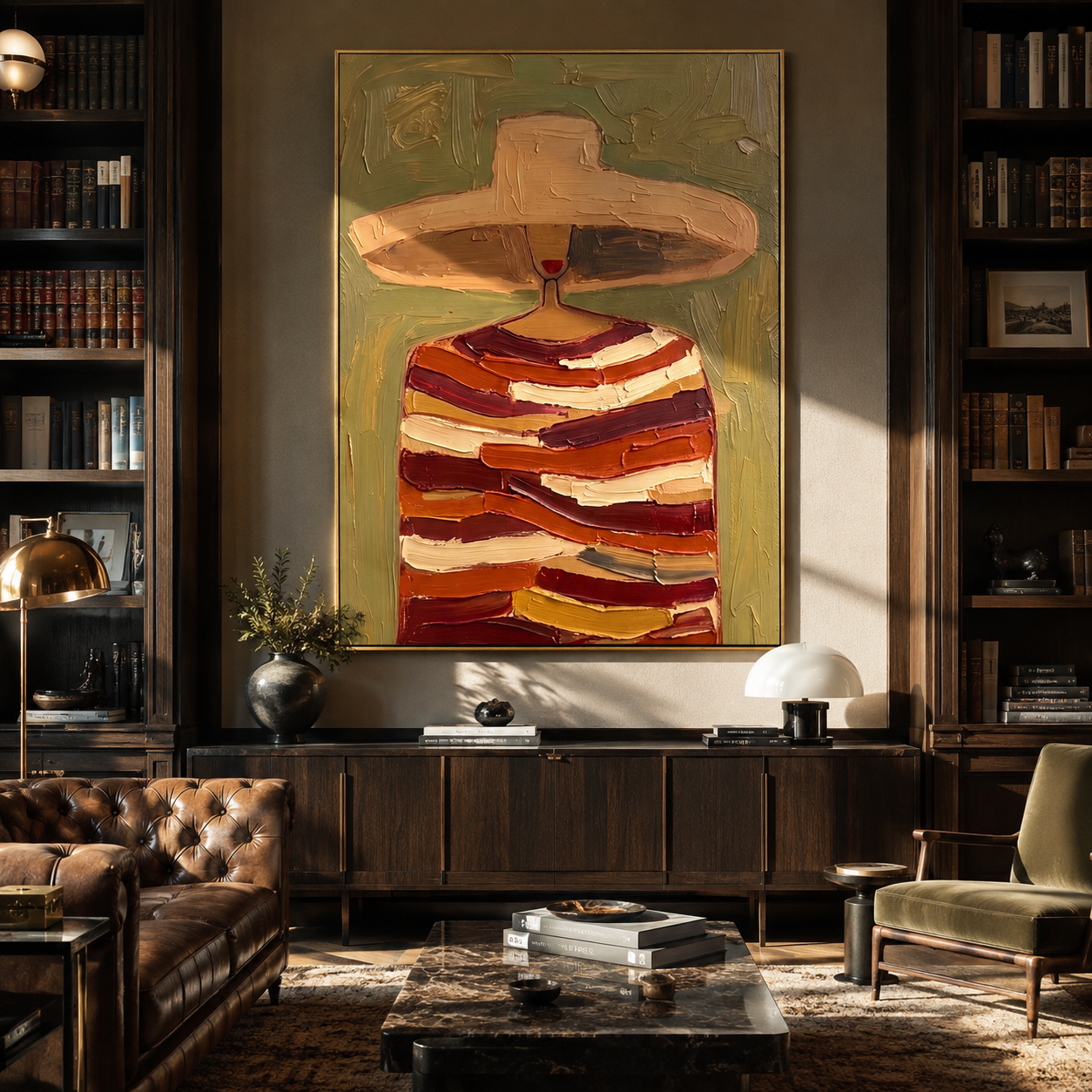 Rust Bands Carry a Glass - Striped Wine Figure painting by Adrian Lee, mid-century modern vertical wall art – styled room scene view 2