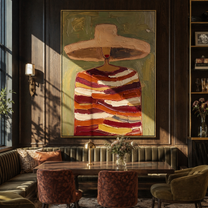 Rust Bands Carry a Glass - Striped Wine Figure painting by Adrian Lee, mid-century modern vertical wall art – styled room scene view 3