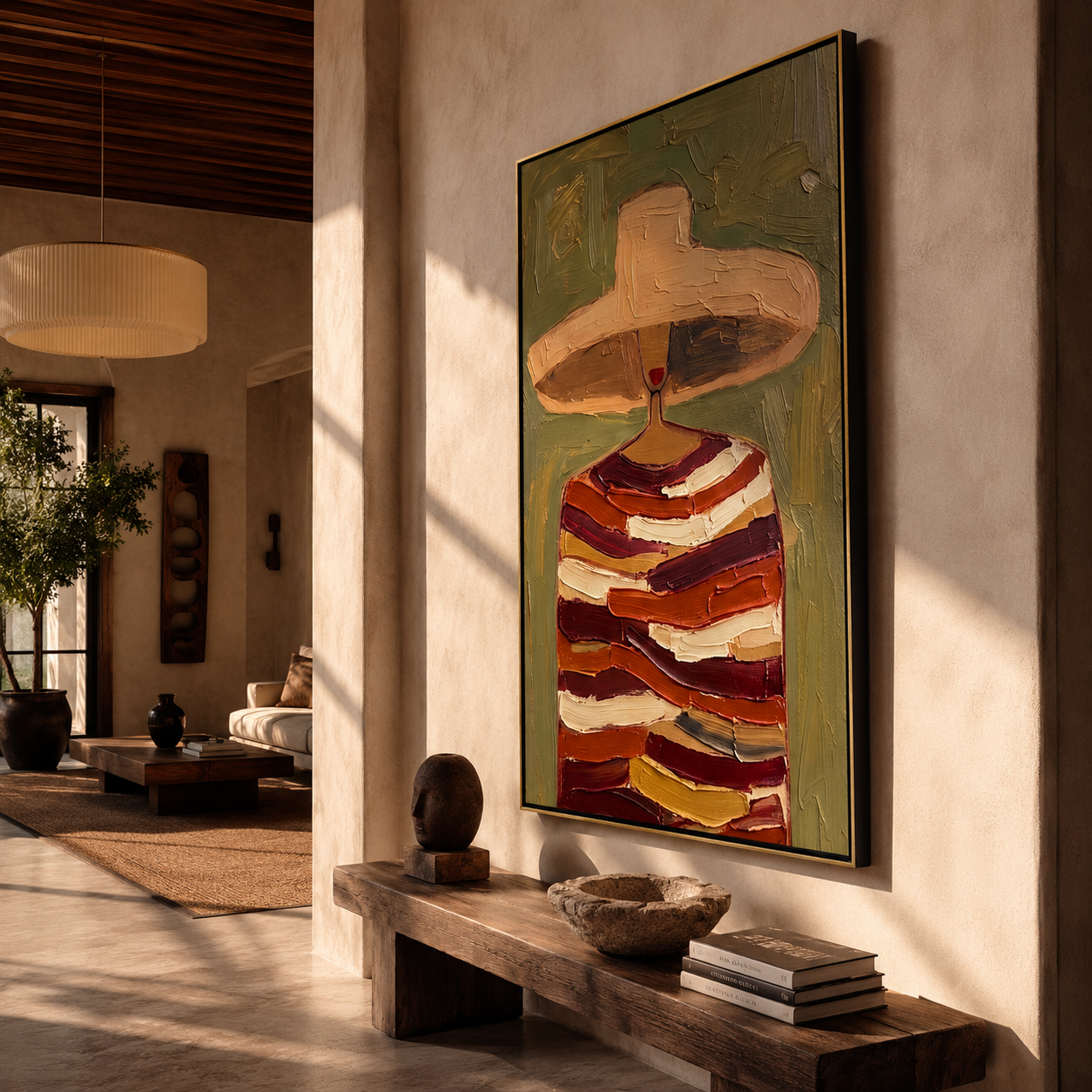 Rust Bands Carry a Glass - Striped Wine Figure painting by Adrian Lee, mid-century modern vertical wall art – styled room scene view 4