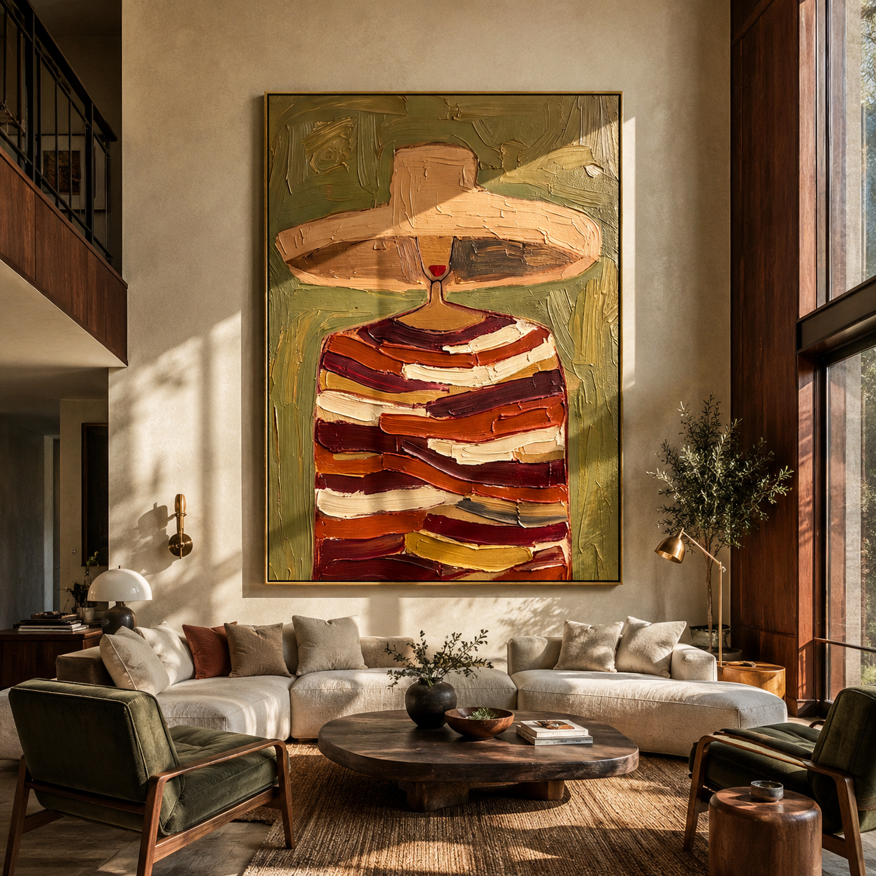 Rust Bands Carry a Glass - Striped Wine Figure painting by Adrian Lee, mid-century modern vertical wall art – styled room scene view 5