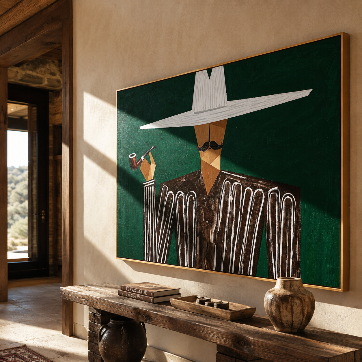 White Horizon Raises the Pipe - Pipe Smoking White Hat Figure painting by Adrian Lee, mid-century modern horizontal wall art – styled room scene view 1