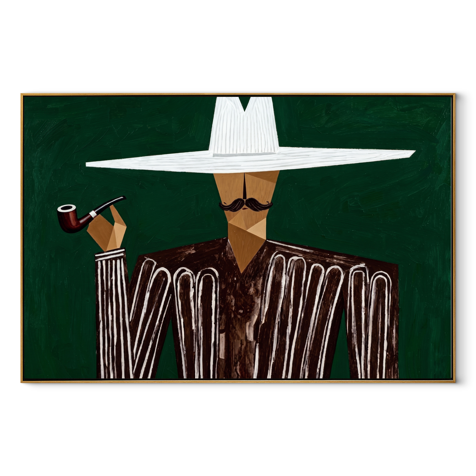 White Horizon Raises the Pipe - Pipe Smoking White Hat Figure painting by Adrian Lee, mid-century modern horizontal wall art – wood frame on white background
