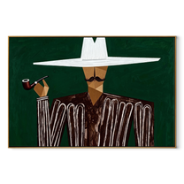 White Horizon Raises the Pipe - Pipe Smoking White Hat Figure painting by Adrian Lee, mid-century modern horizontal wall art – wood frame on white background