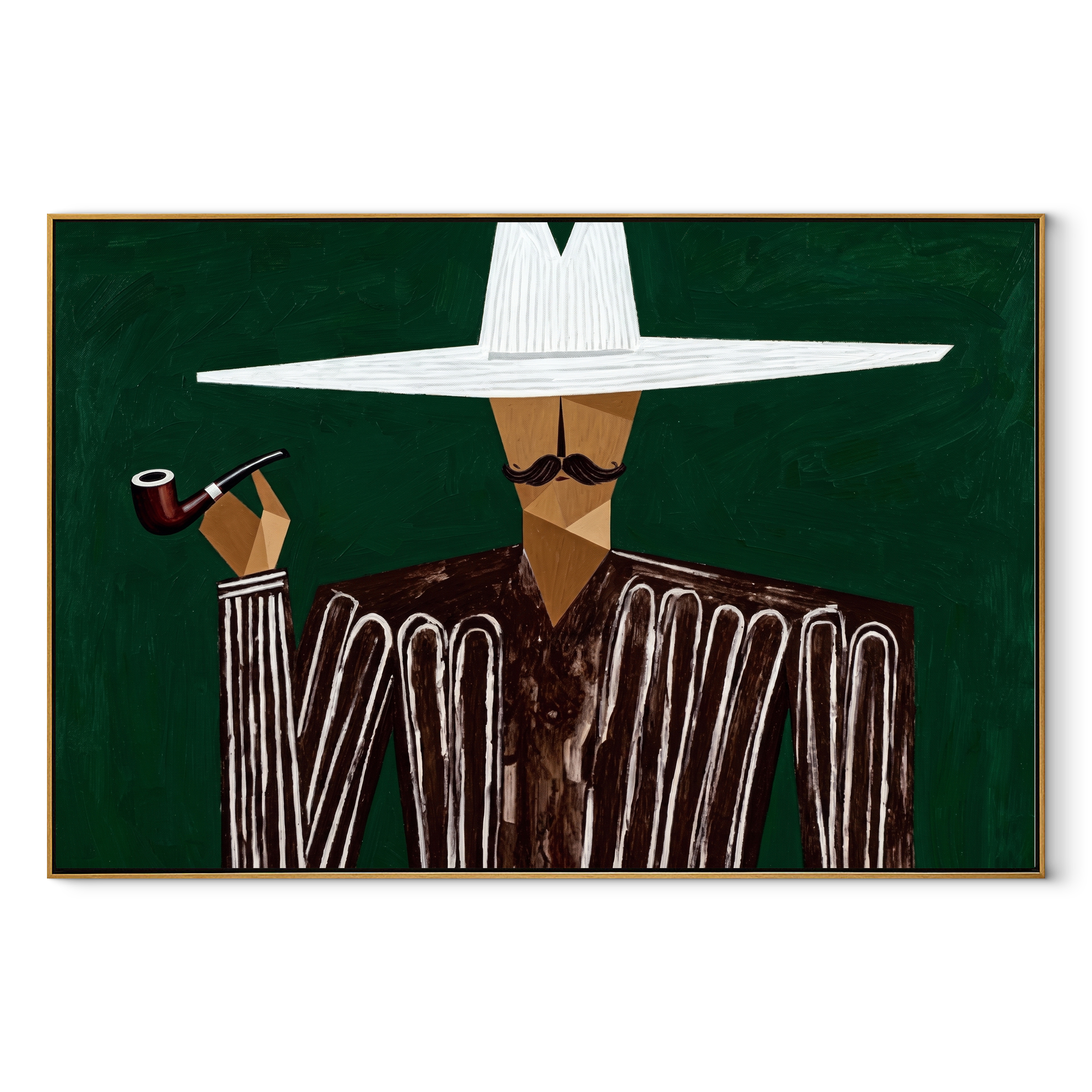 White Horizon Raises the Pipe - Pipe Smoking White Hat Figure painting by Adrian Lee, mid-century modern horizontal wall art – wood frame on white background