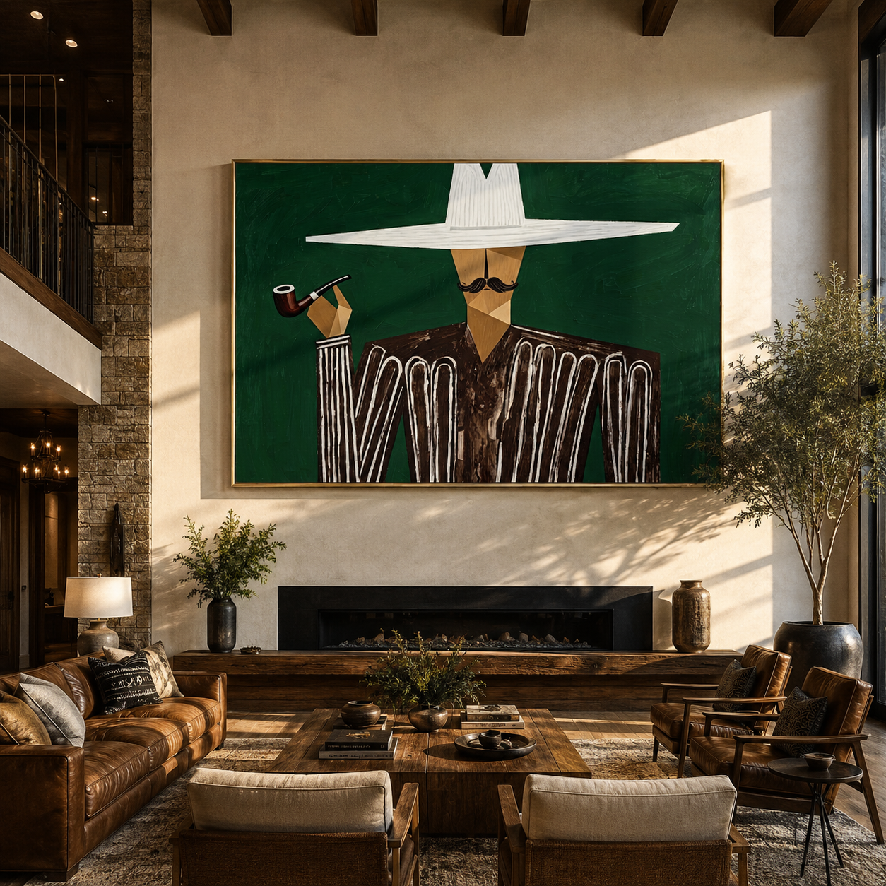 White Horizon Raises the Pipe - Pipe Smoking White Hat Figure painting by Adrian Lee, mid-century modern horizontal wall art – styled room scene view 2