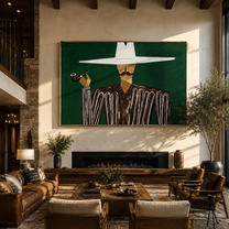 White Horizon Raises the Pipe - Pipe Smoking White Hat Figure painting by Adrian Lee, mid-century modern horizontal wall art – styled room scene view 2